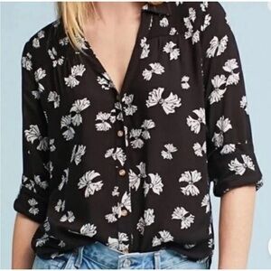 Maeve Anthropologie Emory Black White Bow Print Button Down Blouse Shirt